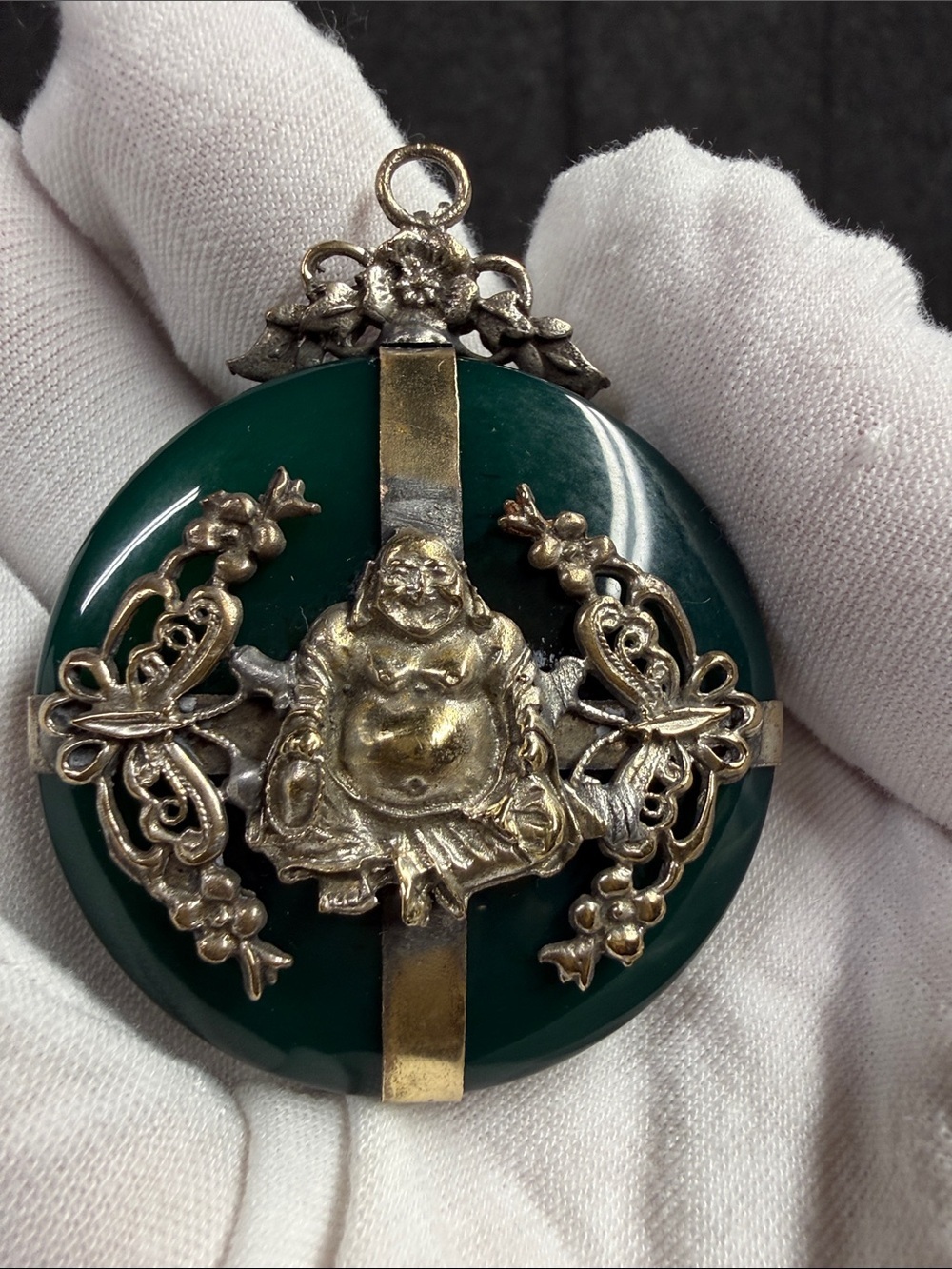 Antique, vintage, Green Jade-Style Buddha Brooch with Silver-Toned Accents - Picture 10 of 11